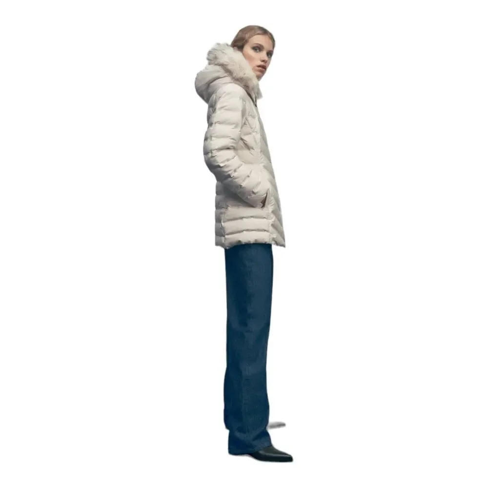 ZARA Ecru Water Wind Protection Hooded Down Coat NWT Size XXL Faux Fur Puffer - Picture 7 of 12
